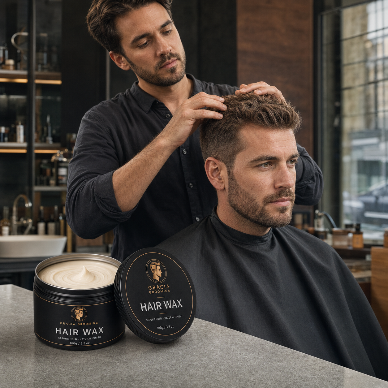 Barber styling textured men's hair with Gracia Grooming hair wax