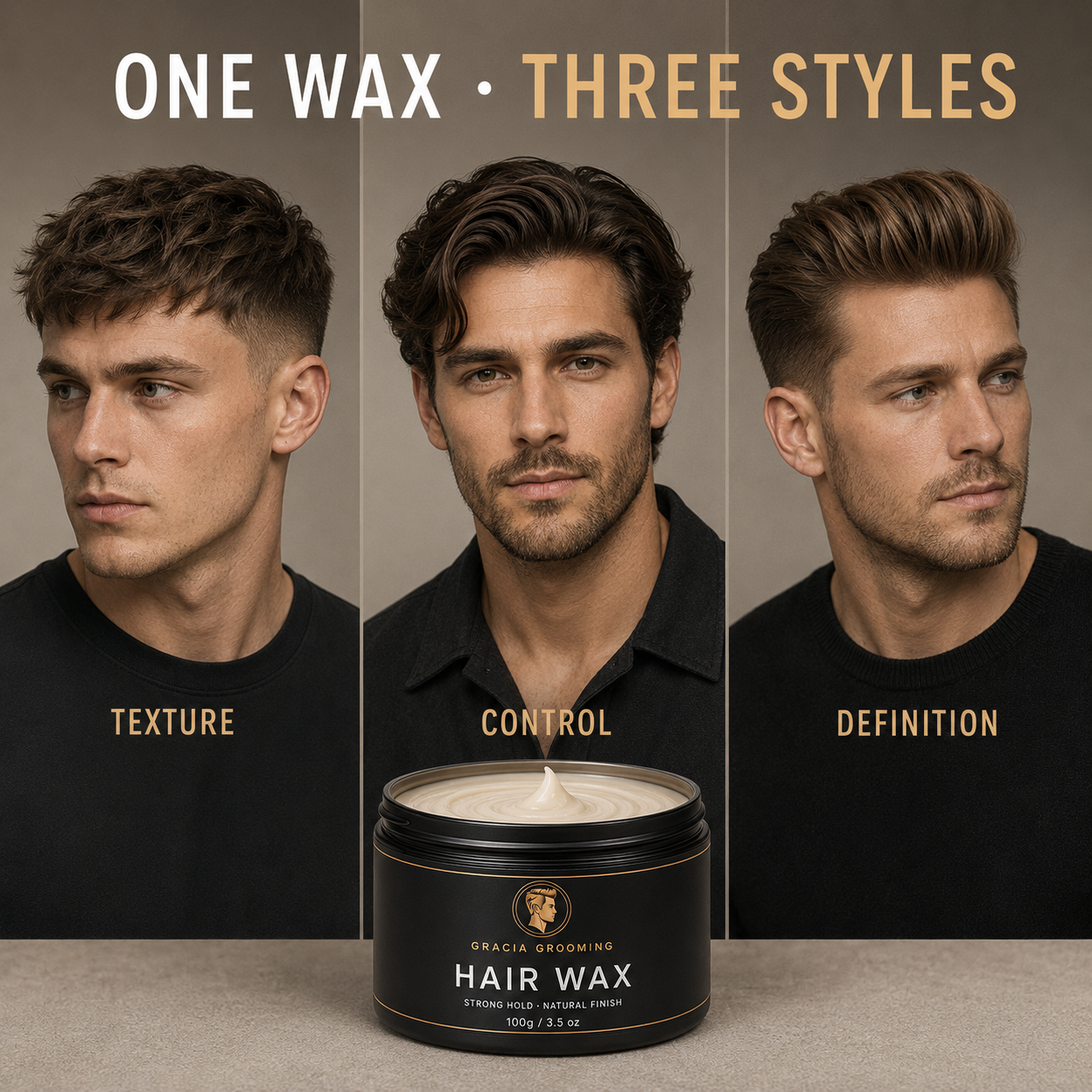 Three textured men's hairstyles created with Gracia Grooming strong hold hair wax