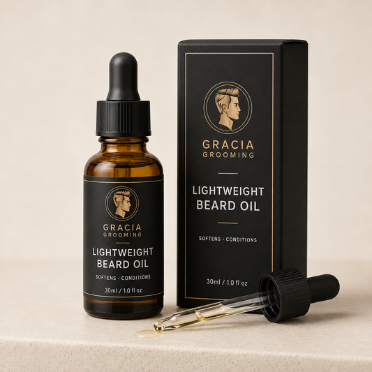 Gracia Grooming lightweight beard oil 30ml in amber glass dropper bottle with black carton