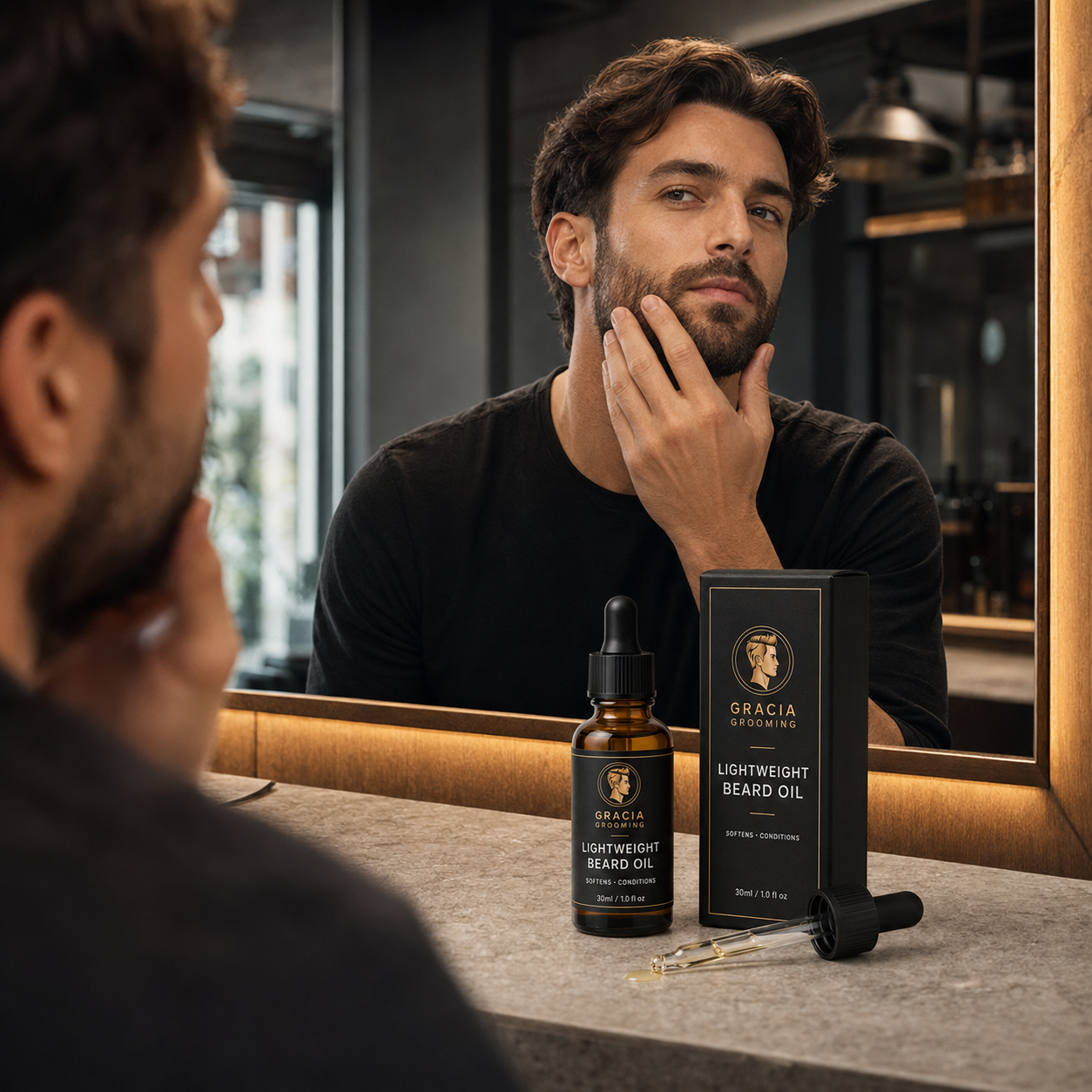 Man applying Gracia Grooming lightweight beard oil in a modern barbershop