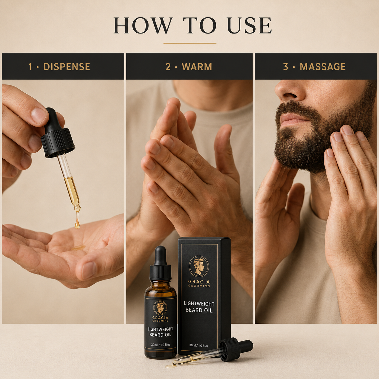 How to dispense warm and massage Gracia Grooming beard oil through facial hair