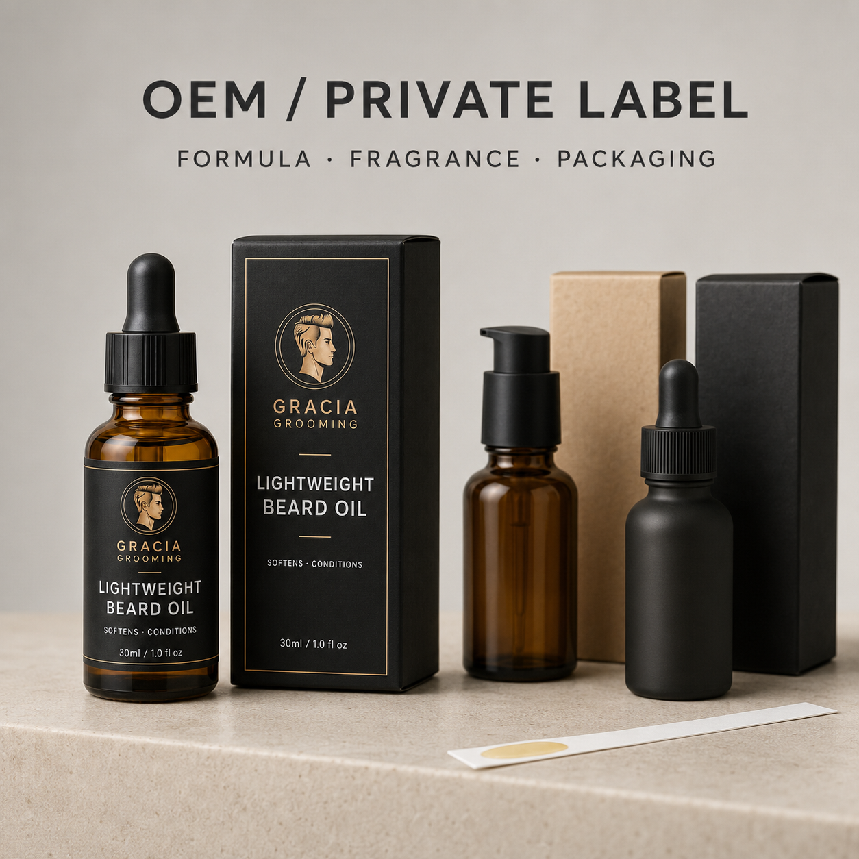 Gracia Grooming OEM private label beard oil formula fragrance and packaging options