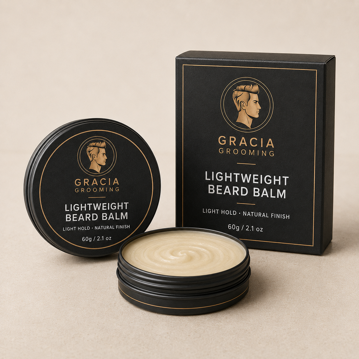 Gracia Grooming lightweight beard balm 60g in matte black tin with matching retail carton