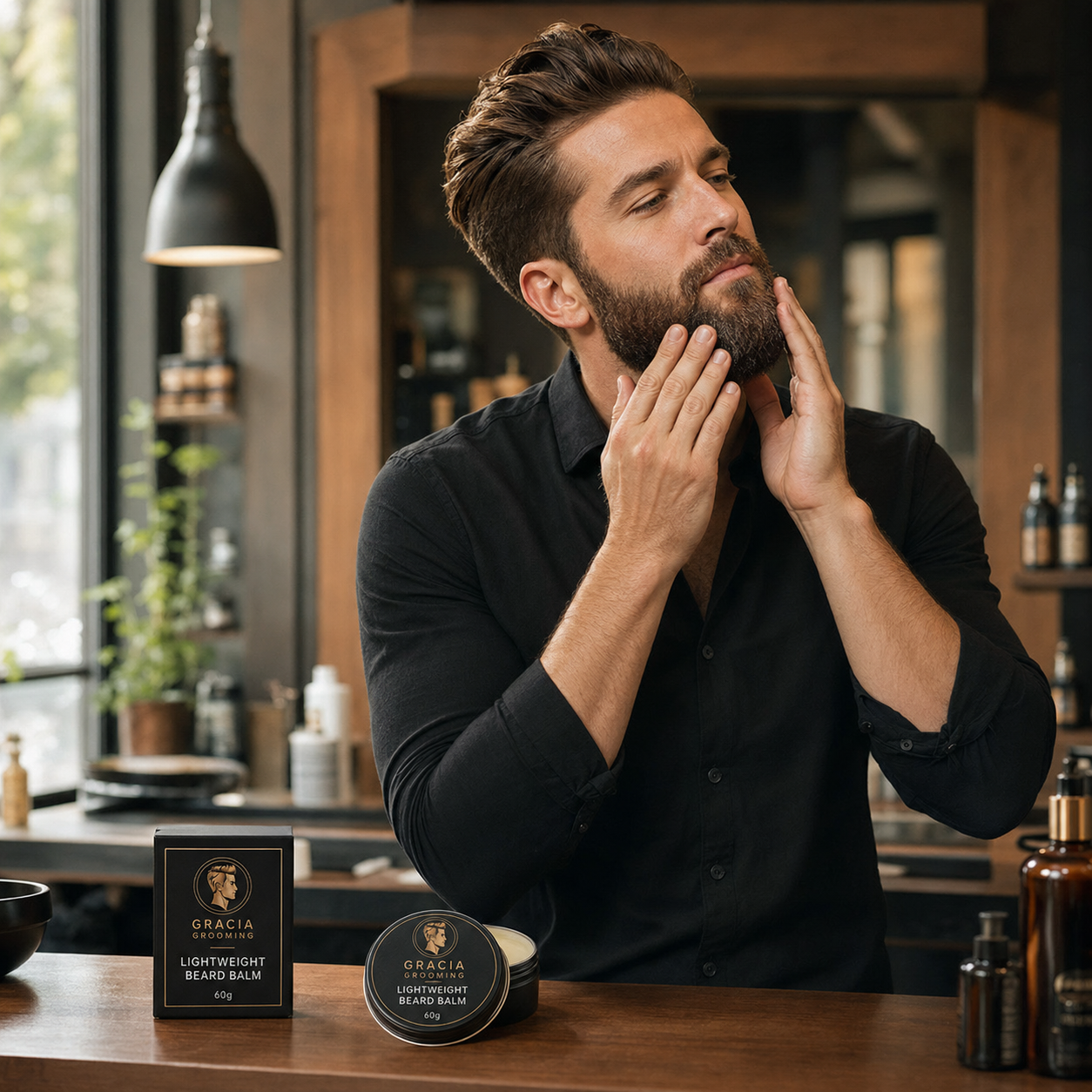 Man applying Gracia Grooming lightweight beard balm in a modern barbershop