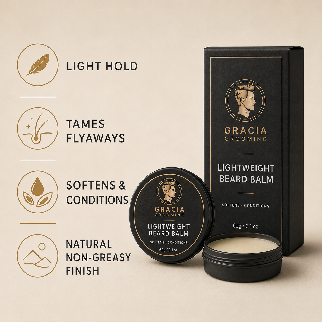 Gracia Grooming beard balm with light hold flyaway control conditioning and natural non-greasy finish