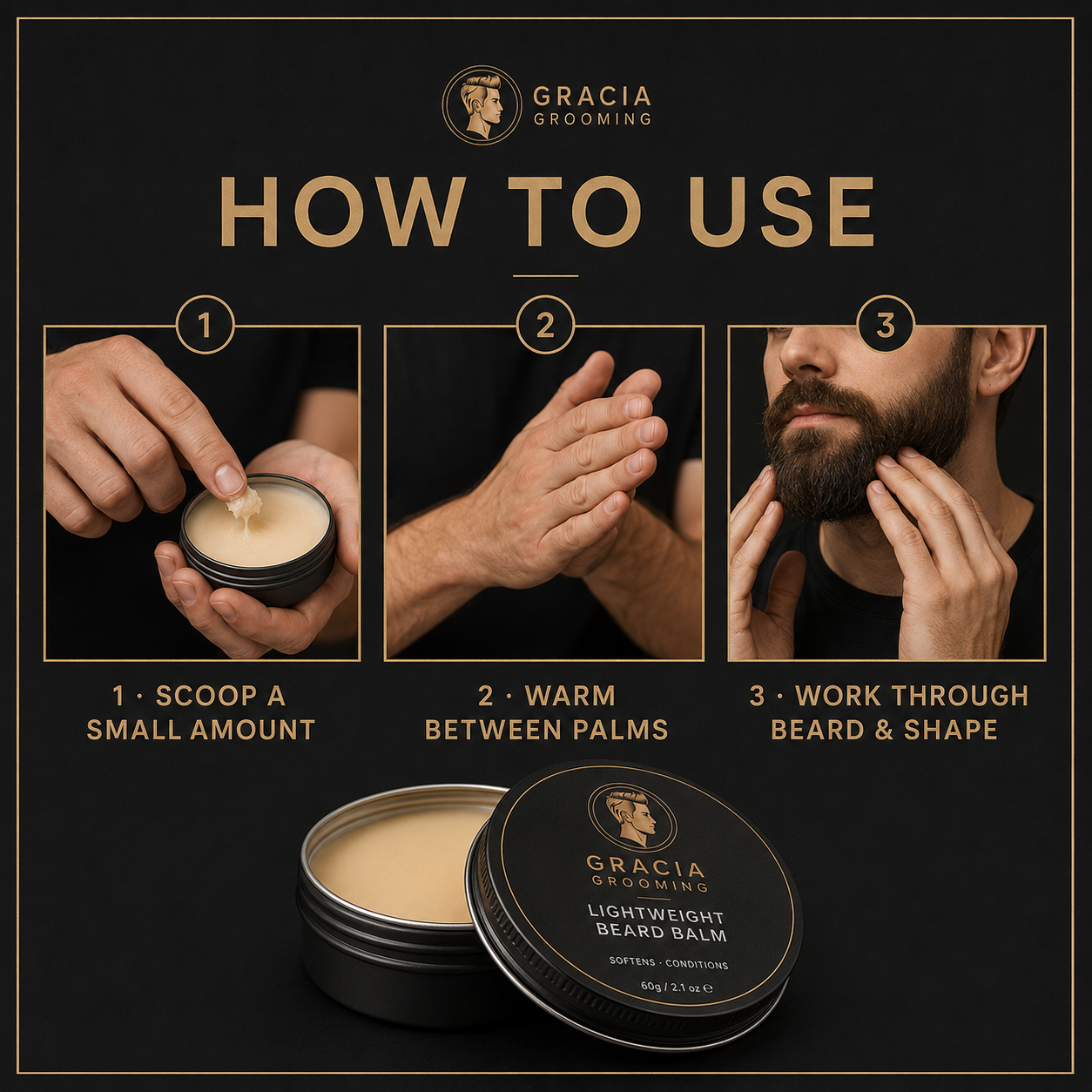 How to scoop warm and work Gracia Grooming beard balm through facial hair