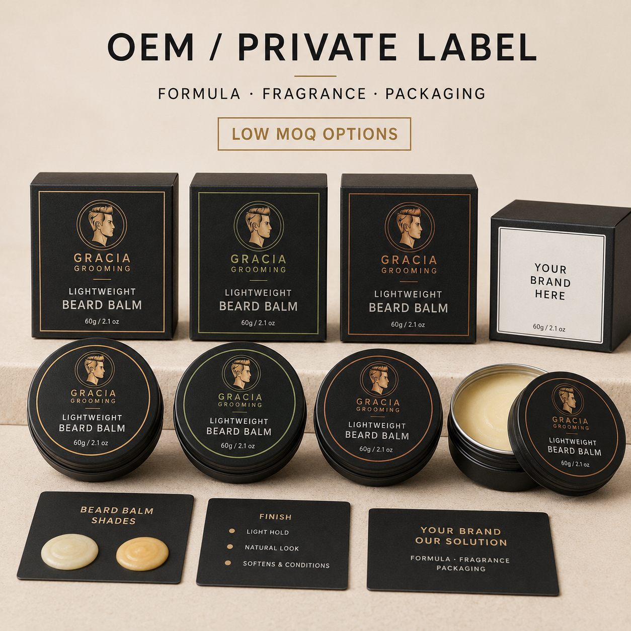 Gracia Grooming OEM private label beard balm formula fragrance and packaging options