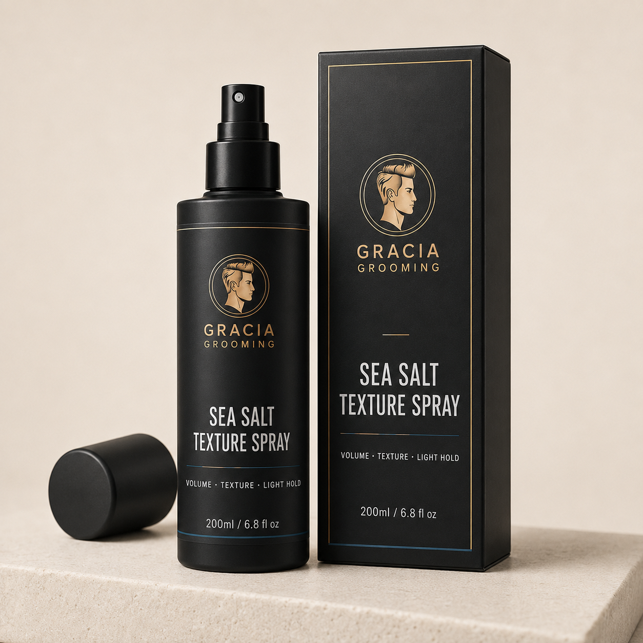 Gracia Grooming sea salt texture spray 200ml in matte black bottle and carton
