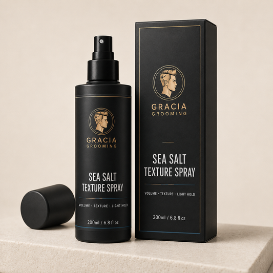 Gracia Grooming sea salt texture spray 200ml in matte black bottle and carton