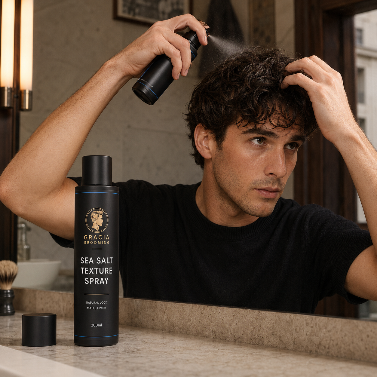 Man styling textured hair with Gracia Grooming sea salt spray
