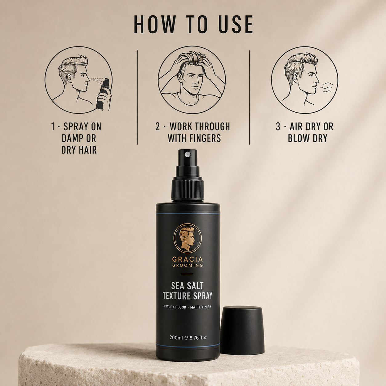 How to use Gracia Grooming sea salt texture spray on damp or dry hair