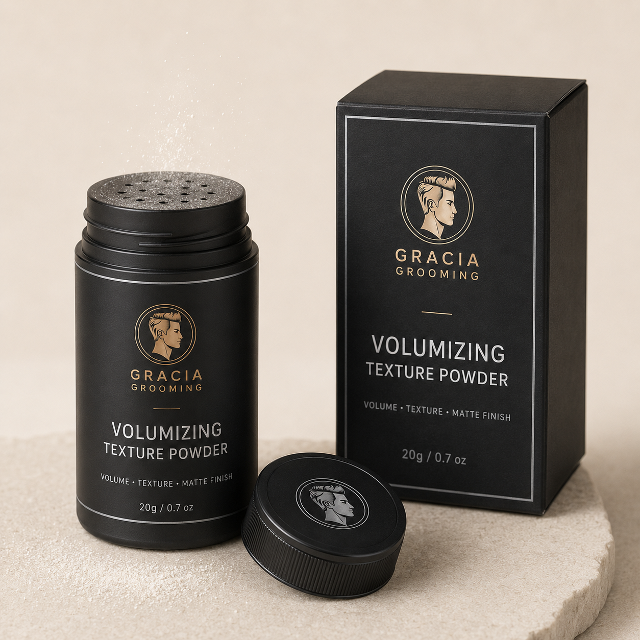 Gracia Grooming volumizing texture powder 20g in matte black shaker and carton