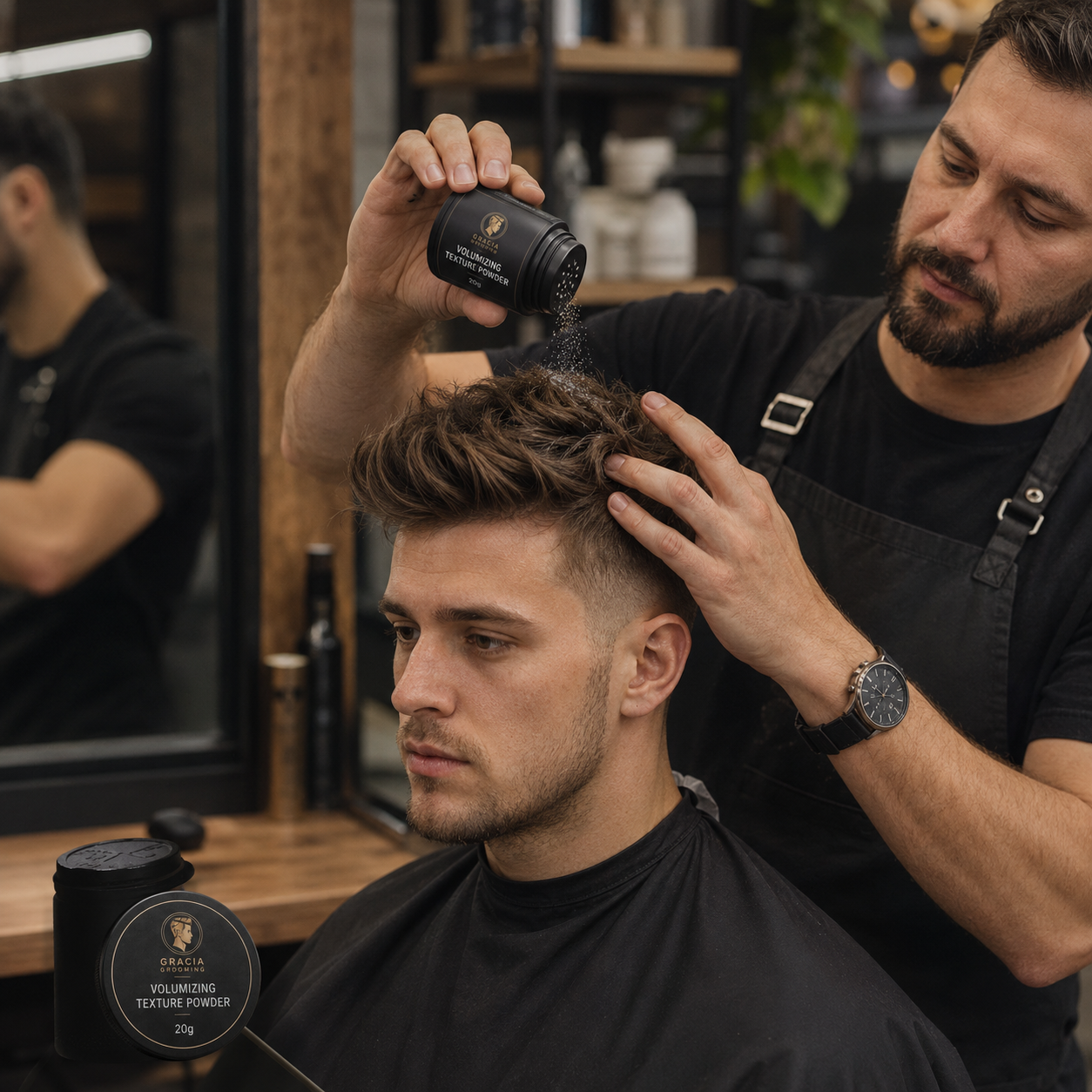 Barber applying Gracia Grooming volumizing texture powder to men's hair
