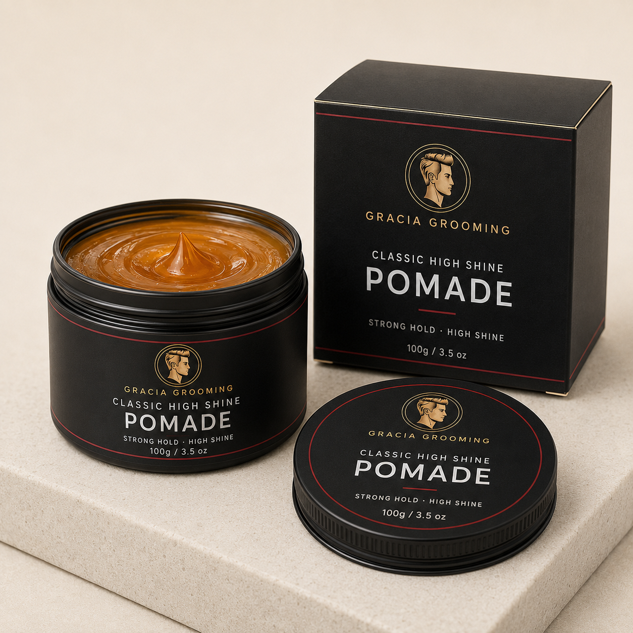 Gracia Grooming classic high shine pomade 100g in black jar and carton