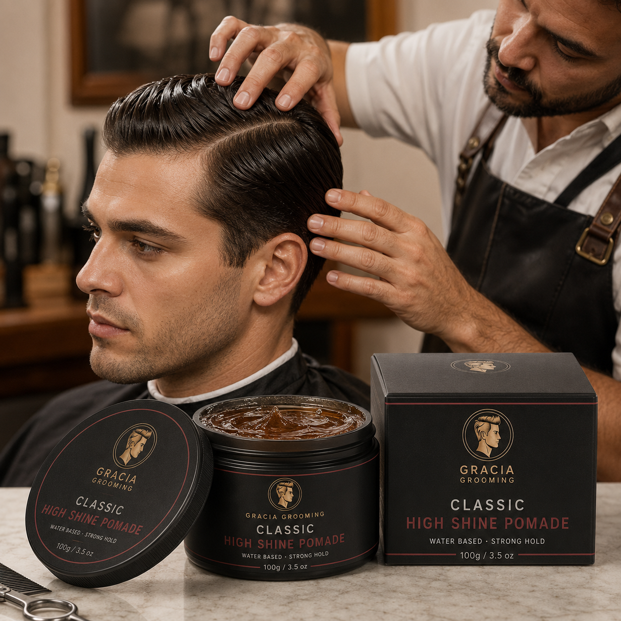 Classic side-part hairstyle created with Gracia Grooming high shine pomade