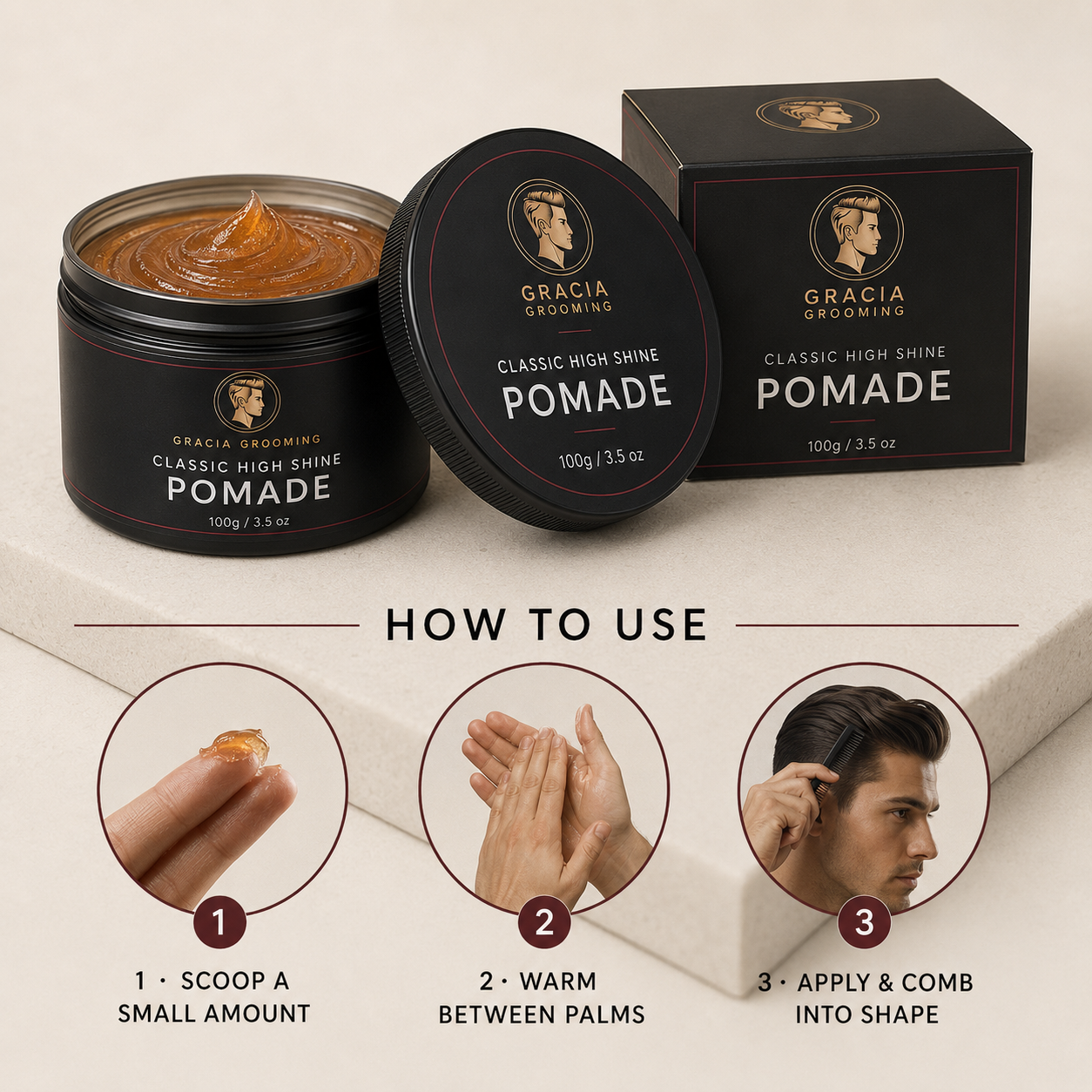 How to apply Gracia Grooming high shine pomade to dry or damp hair