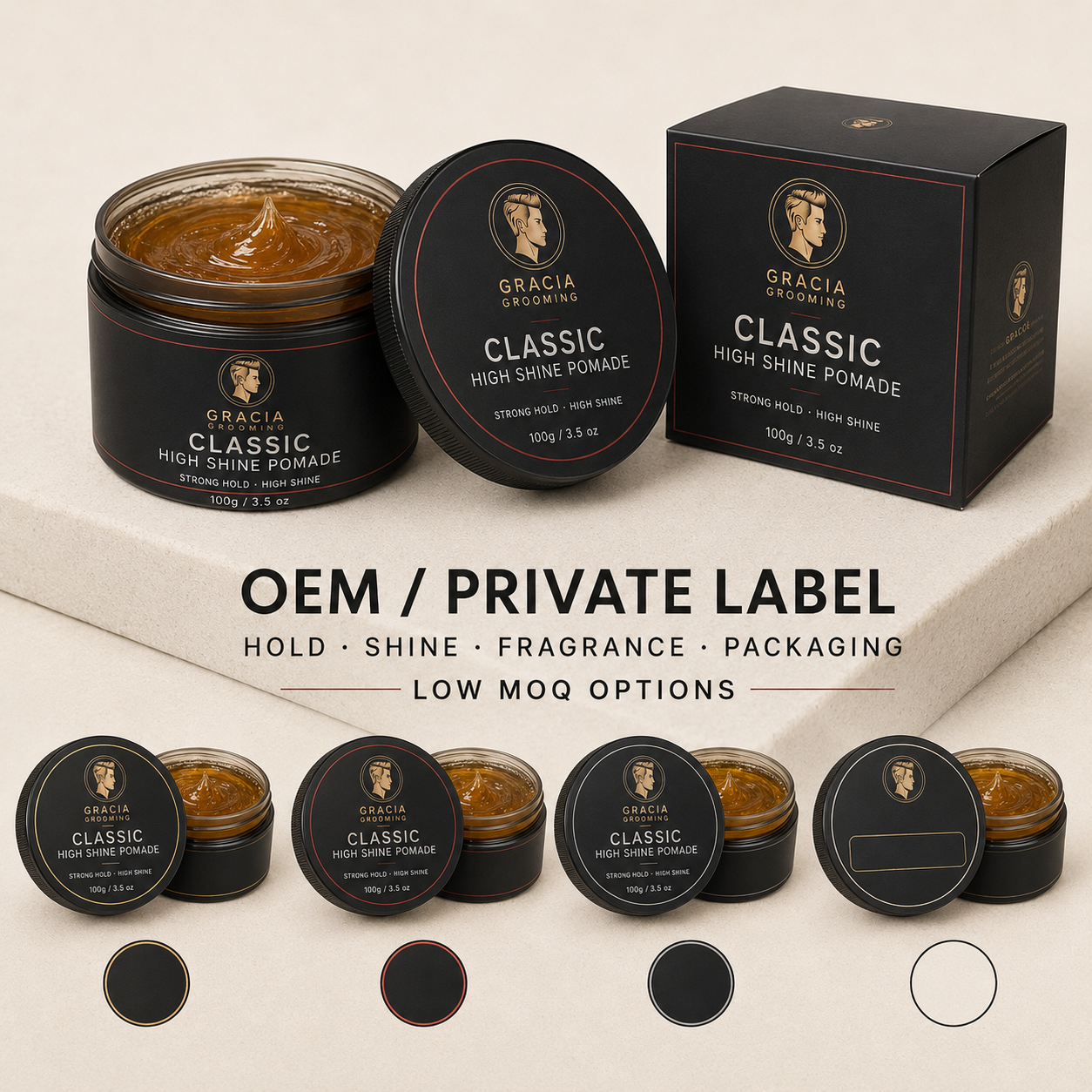 Gracia Grooming OEM private label high shine pomade formula and packaging