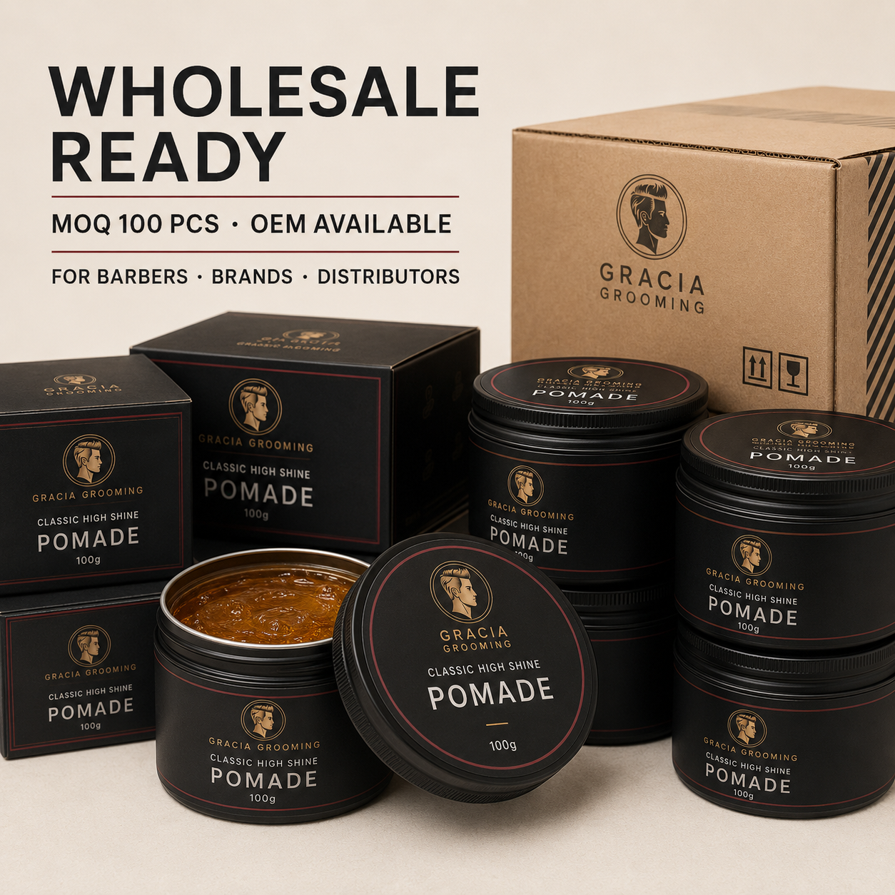 Wholesale Gracia Grooming high shine pomade for barbershops and distributors
