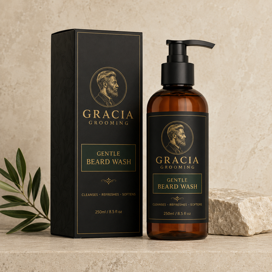Gracia Grooming gentle beard wash 250ml in amber pump bottle and black carton