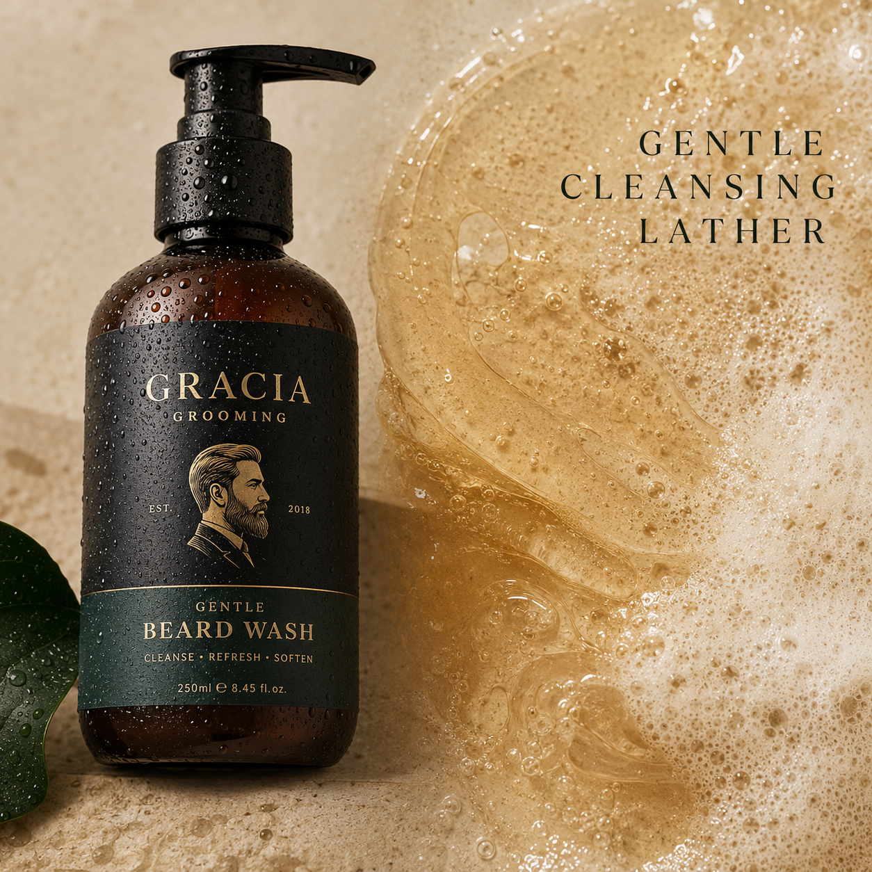 Clear amber Gracia Grooming beard wash gel with gentle cleansing lather