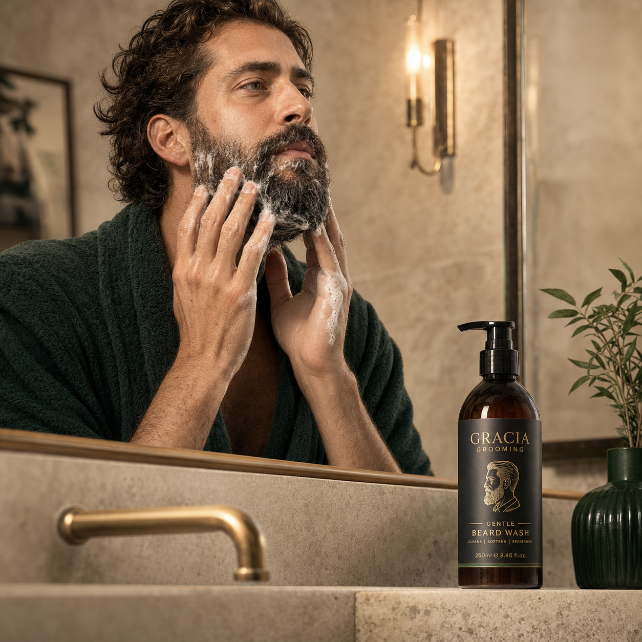 Bearded man washing his beard with Gracia Grooming gentle beard wash