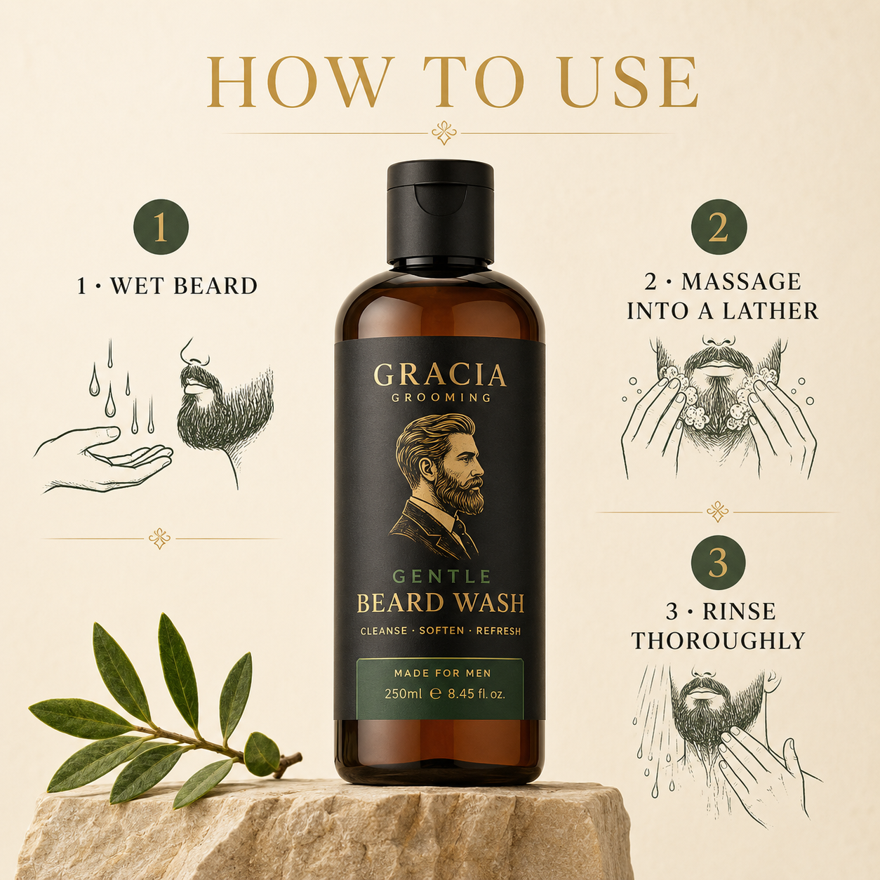 How to use Gracia Grooming beard wash by wetting, lathering and rinsing