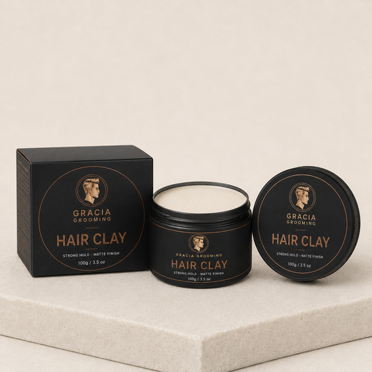 Gracia Grooming Hair Clay 100g in matte black jar and carton with smooth ivory clay