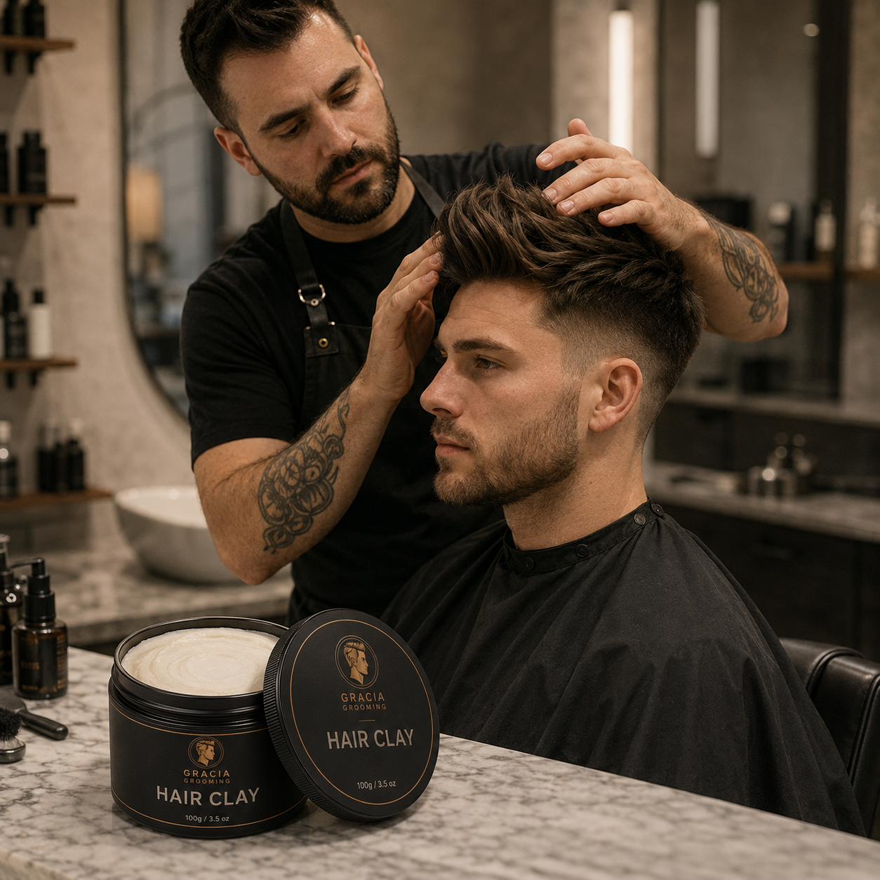 Barber styling a textured men's quiff with Gracia Grooming Hair Clay