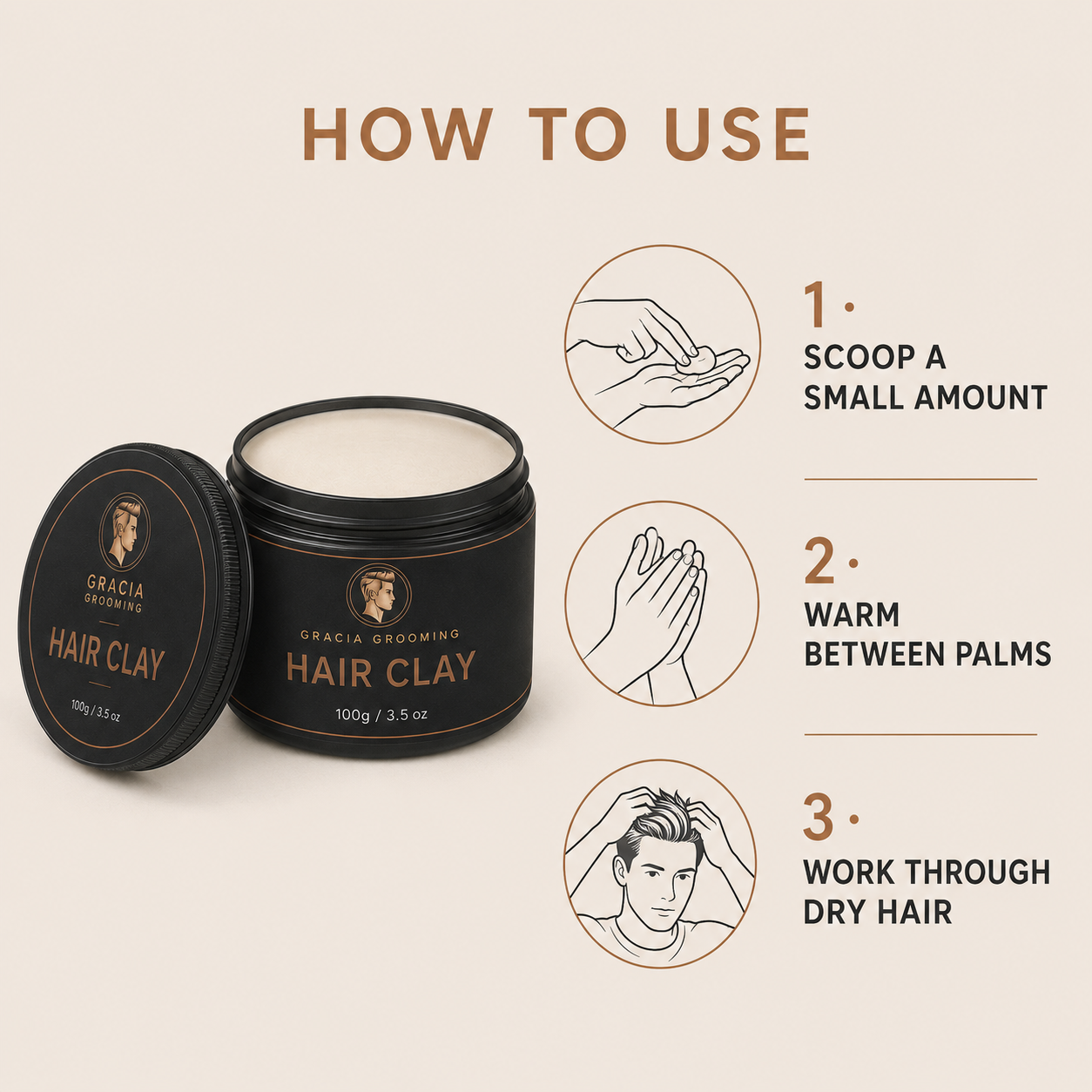 How to use Gracia Grooming Hair Clay by scooping warming and applying to dry hair